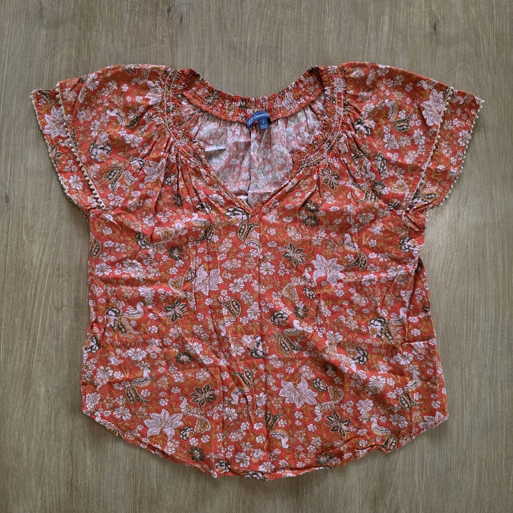 Democracy Orange Floral Flutter Sleeve Peasant Blouse Top Size S